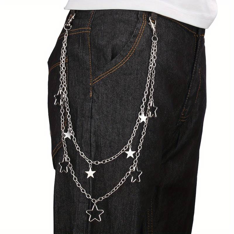 Sliver Gray Star Print 1pc Jeans, Men's Double Layer Waist Chain Decorative Pant, Trousers Chain Trouser Chains Hip Hop Rock Punk Retro Jeans Belt